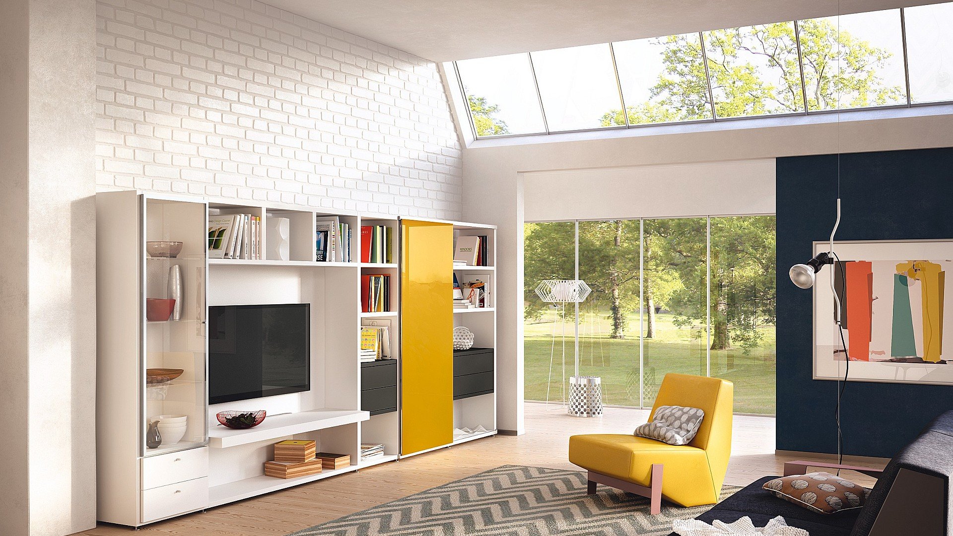 Sněhobílý modulární systém pro obývací pokoj s cihlovými zdmi
