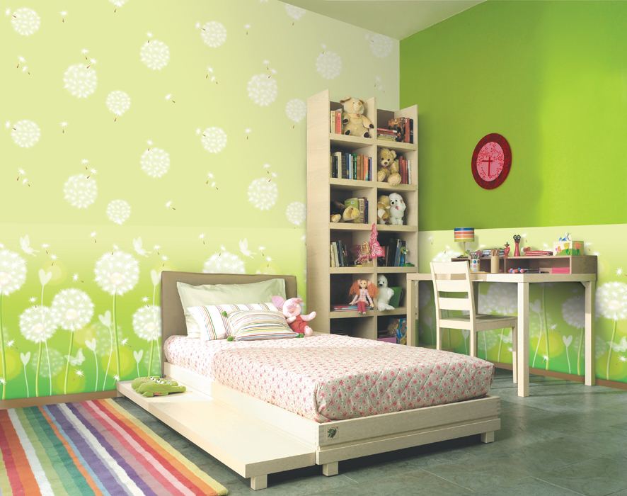 تصميم جدارية جداري لغرفة الأطفال بألوان خضراء دافئة