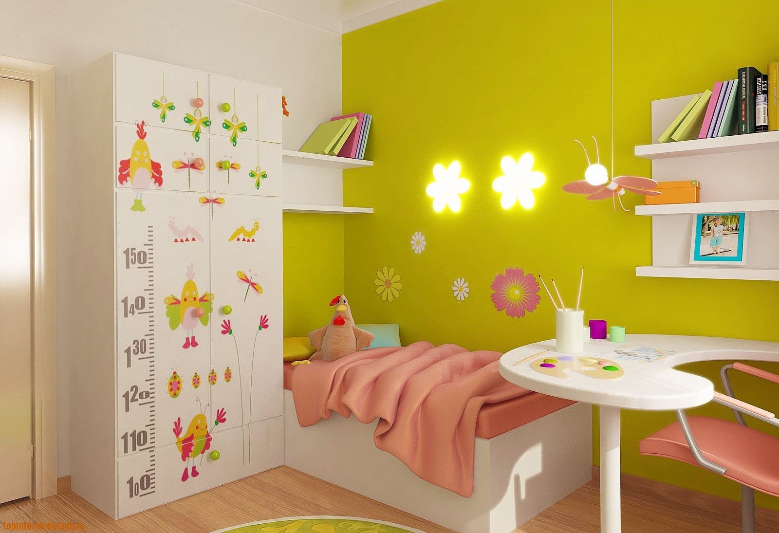 Reka bentuk moden bilik kanak-kanak dengan kertas dinding yang terang