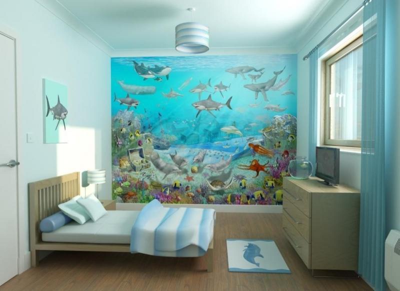 Fotó tematikus háttérképekkel, amelyek díszítik a falot egy fiú szobájában