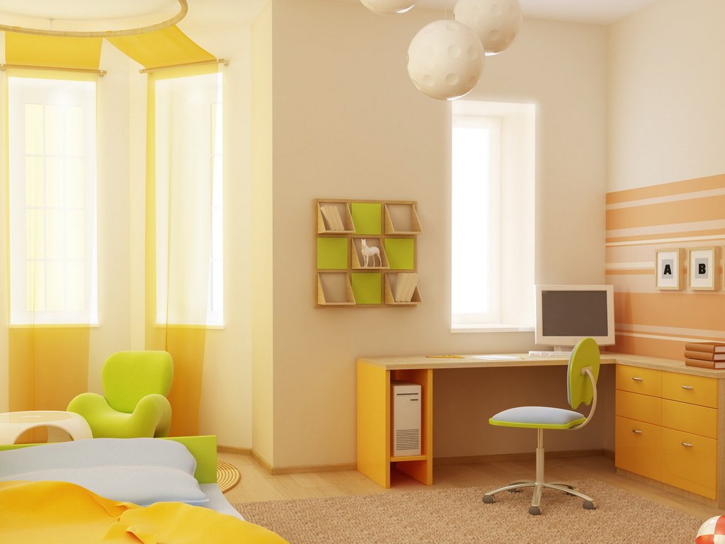 Дизайнът на детската стая за момчето с тапет от топли тонове на леглото