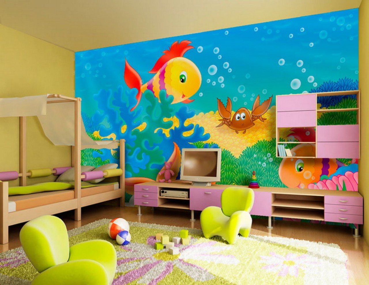 Ryškūs ir stilingi tapetai su dideliu piešiniu vaiko kambario berniukui
