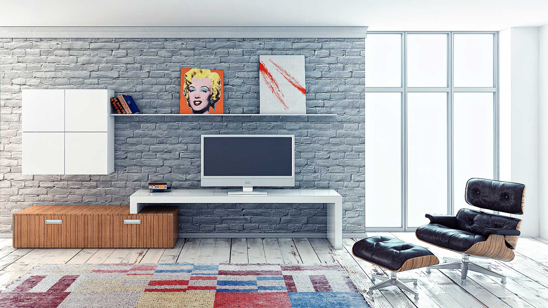 Modulární systém obývacího pokoje s jednoduchým a jednoduchým stylem.