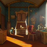 تصميم غرفة المعيشة steampunk مع صورة أثر العتيقة