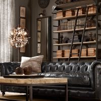 steampunk design obývacího pokoje s koženým čalouněním