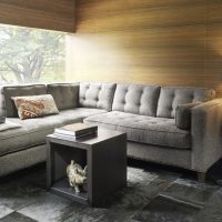 tamsi kampinė sofa prieškambario paveikslo dizaine