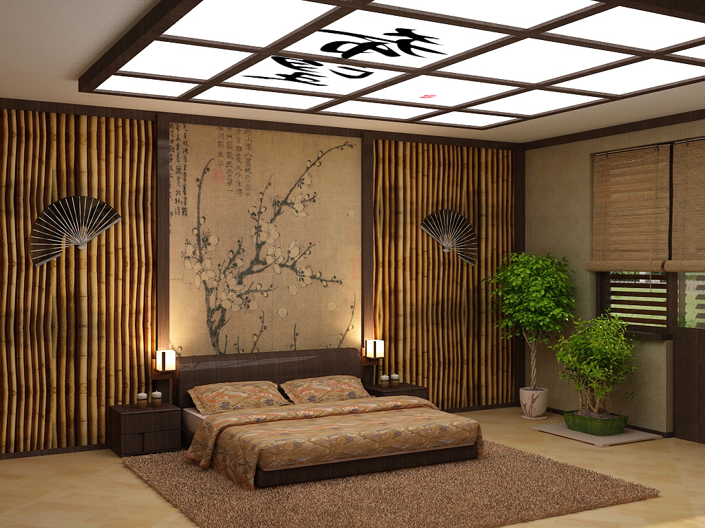 Japāņu stila gaišs guļamistabas dizains