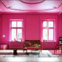 Reka bentuk ruang tamu yang cerah dalam gambar warna fuchsia