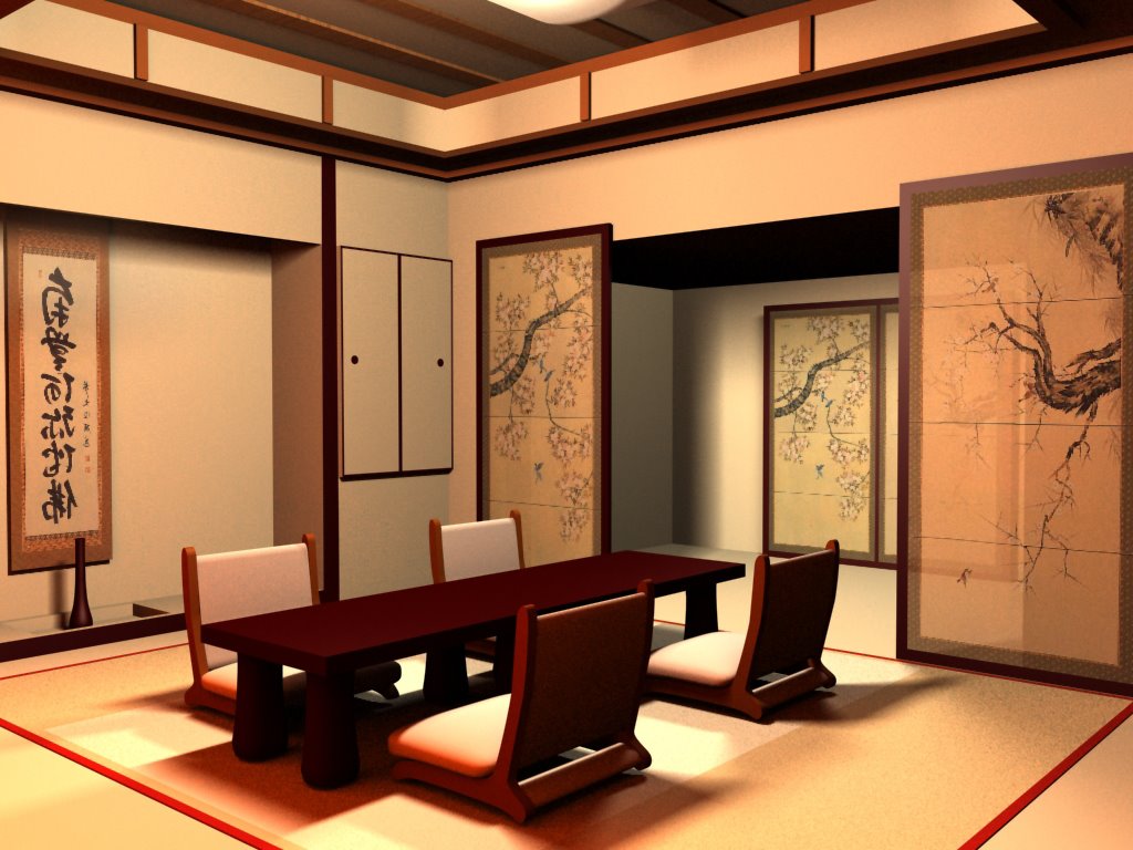 ryškus japoniško stiliaus buto interjeras