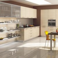 helder ontwerp van beige keuken in de stijl van minimalisme foto