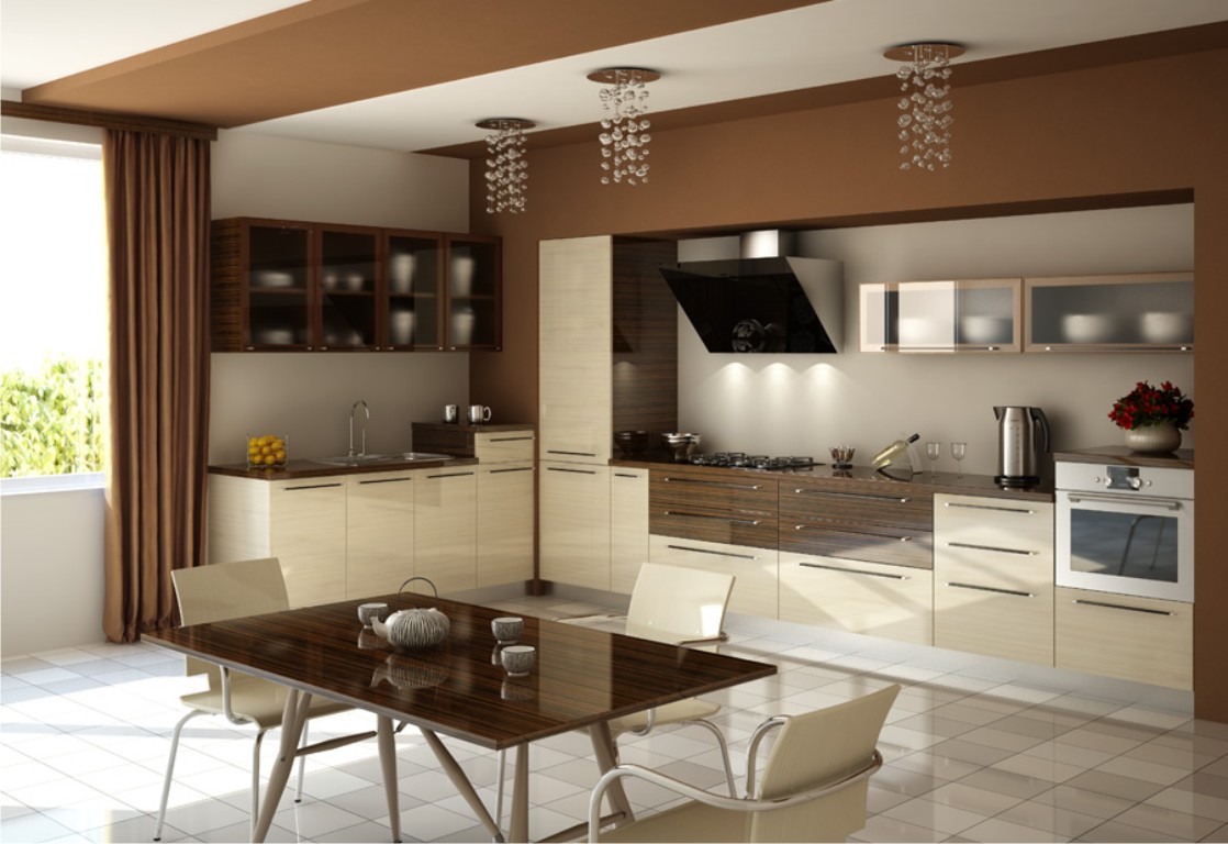 skaists smilškrāsas virtuves interjers nobružāta šika stilā