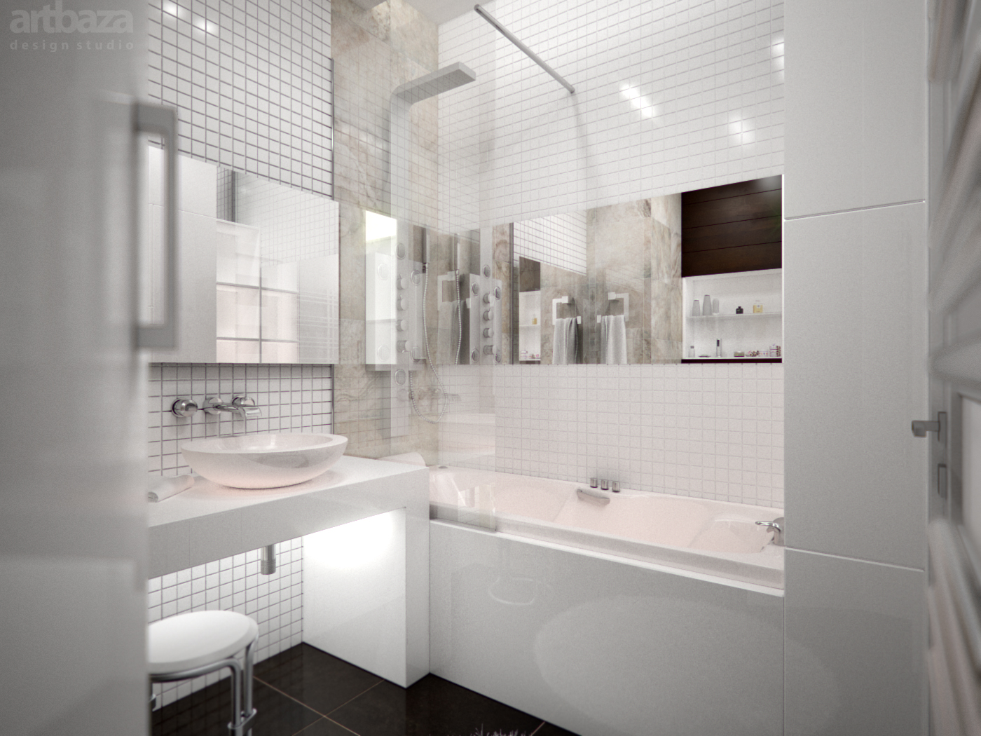 ryškus vonios kambario su dušu dizainas tamsiomis spalvomis