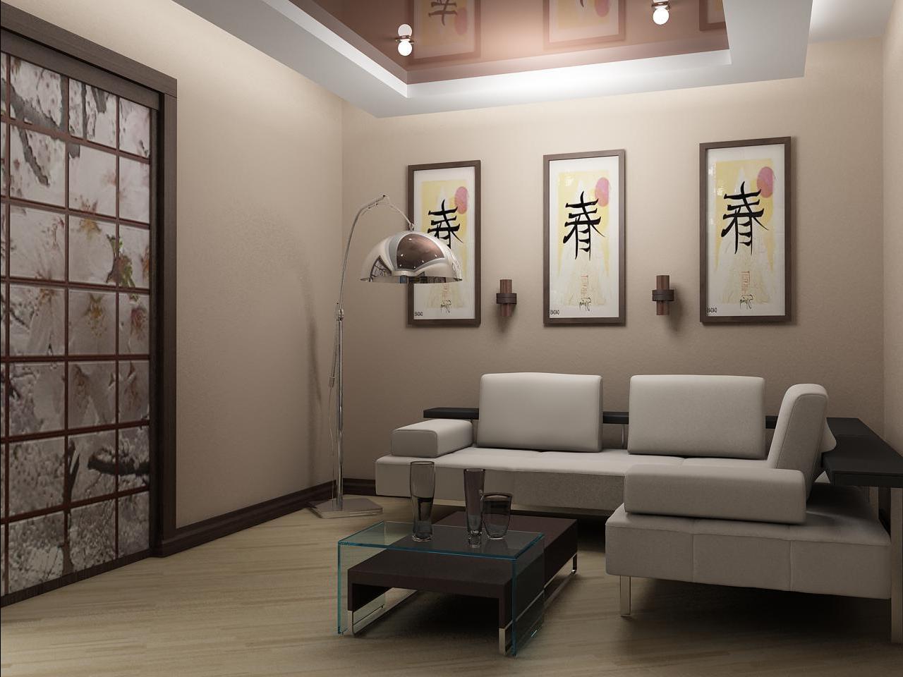 světlý japonský styl designu obývacího pokoje