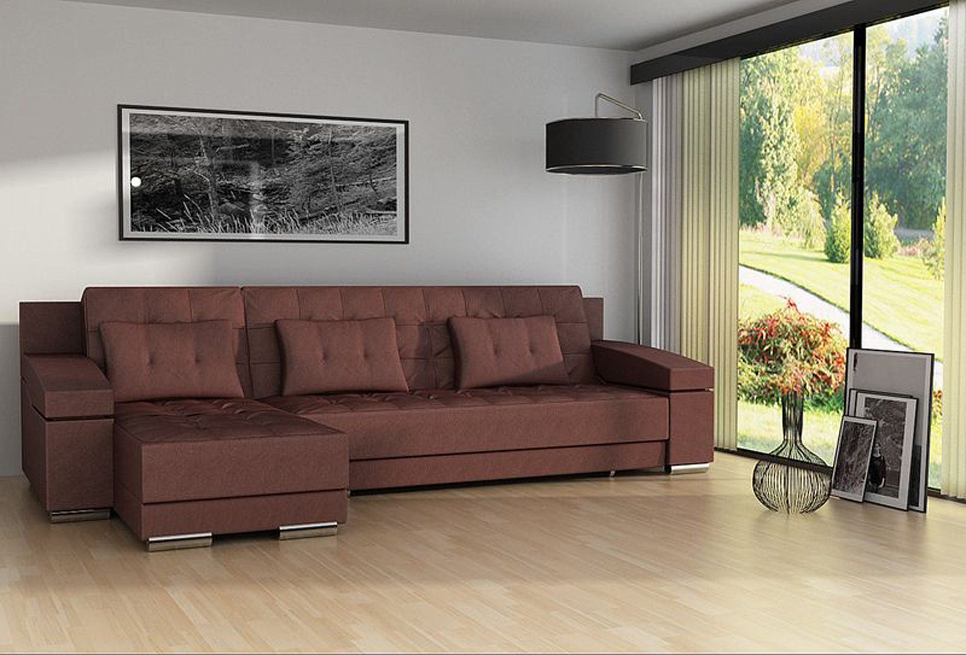 šviesi kampinė sofa prieškambario stiliaus