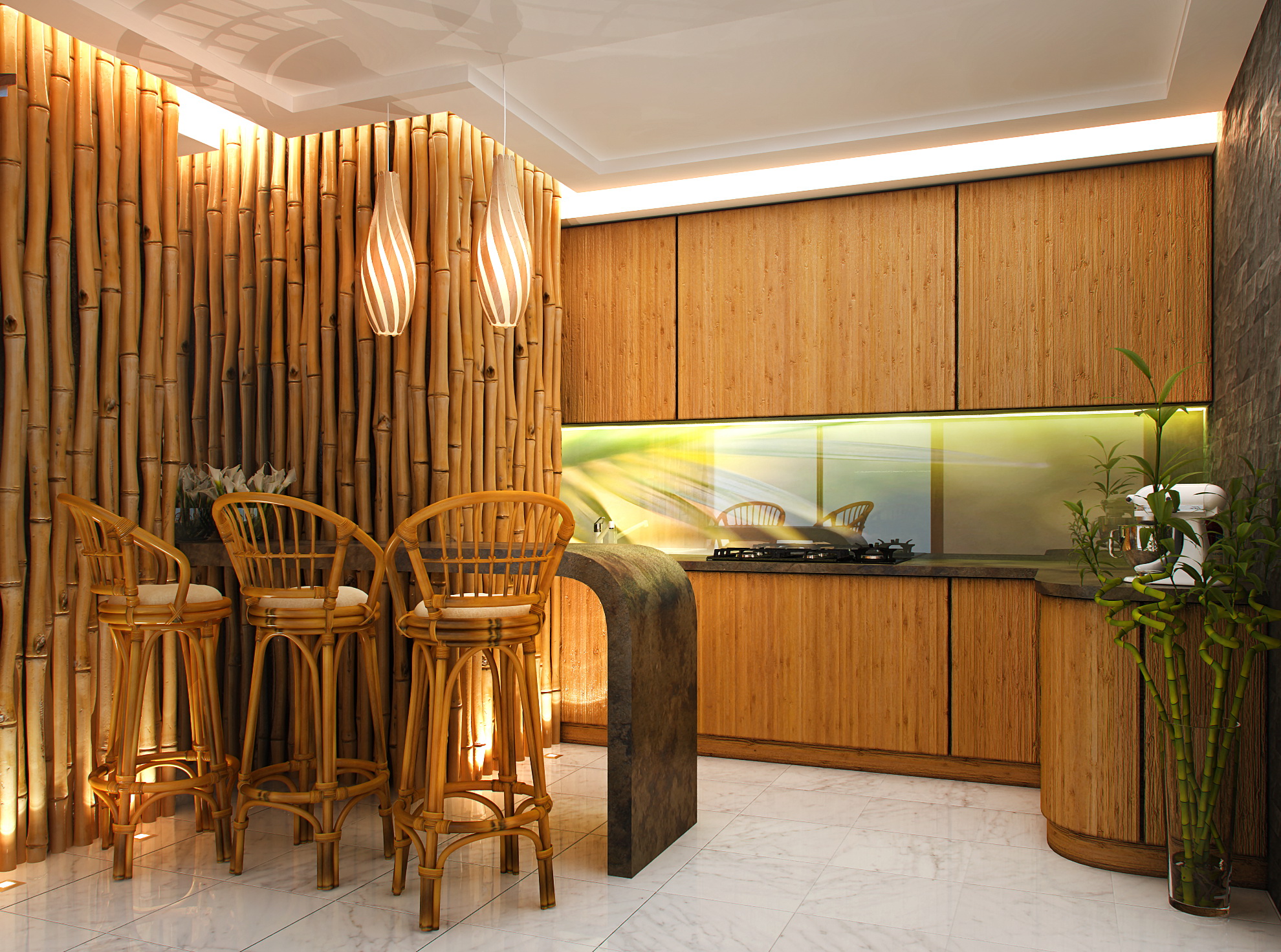 таван с бамбук в интериора на кухнята
