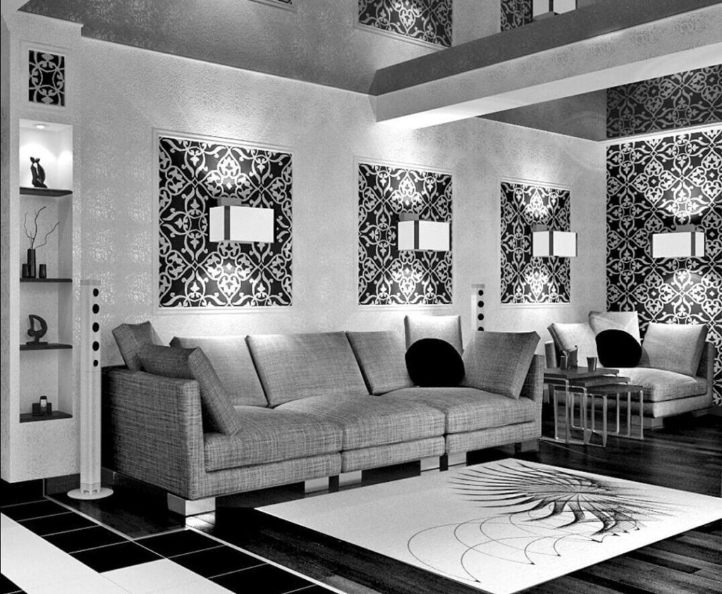 neobičan interijer spavaće sobe u crno-bijeloj boji