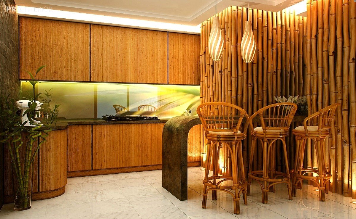 griesti ar bambusu istabas interjerā