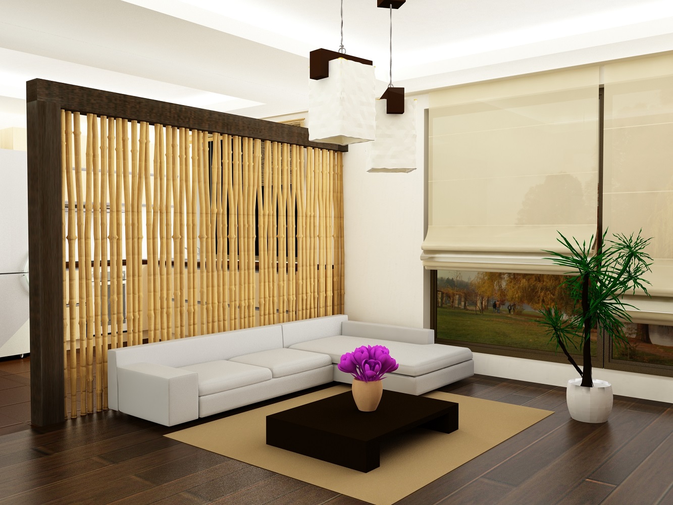 žalūzijas ar bambusu istabas interjerā