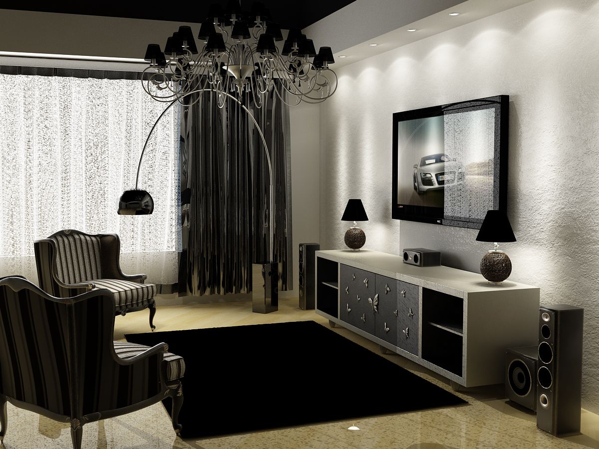 neparasts dzīvojamās istabas dizains melnbaltā krāsā