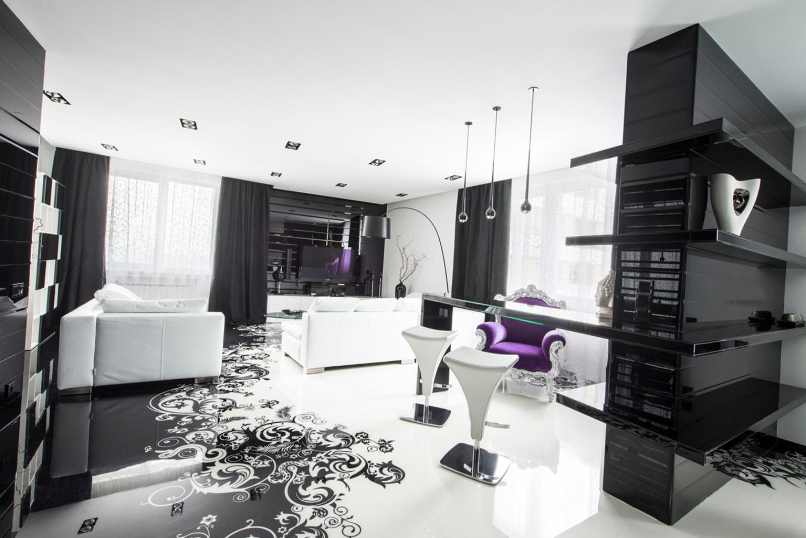 elegantní ložnice interiér v černé a bílé