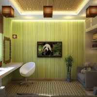 tapetes ar bambusu guļamistabas interjera attēlā