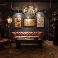 steampunk styl obývacího pokoje s koženým obrázkem čalounění