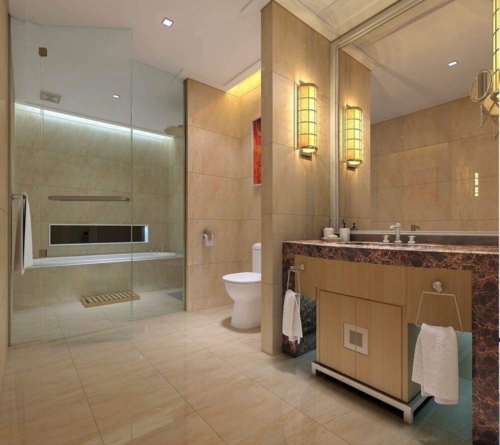 neįprastas vonios kambario interjeras su ryškiu dušu
