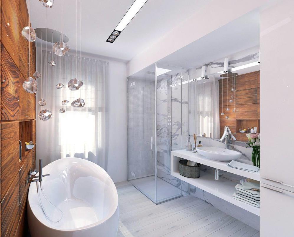 lengvas vonios kambario dizainas su ryškiais dušais