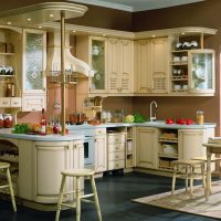 ryškus smėlio spalvos virtuvės dizainas klasikinio stiliaus nuotraukoje