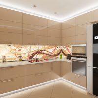 ryškus smėlio spalvos virtuvės interjeras aukštųjų technologijų stiliaus nuotraukoje