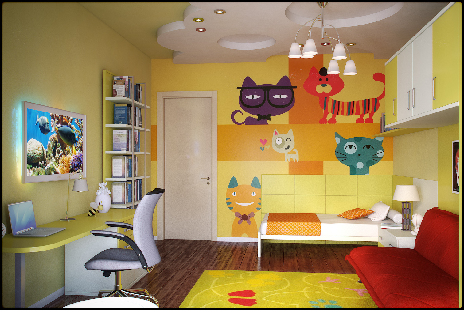 šviesus gyvenamojo kambario interjeras įvairiomis spalvomis