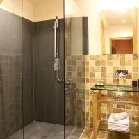 lichte inrichting van de badkamer met lichte douche