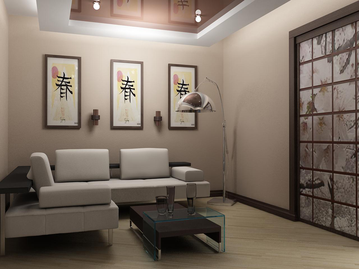 gražus japoniško stiliaus gyvenamasis kambarys