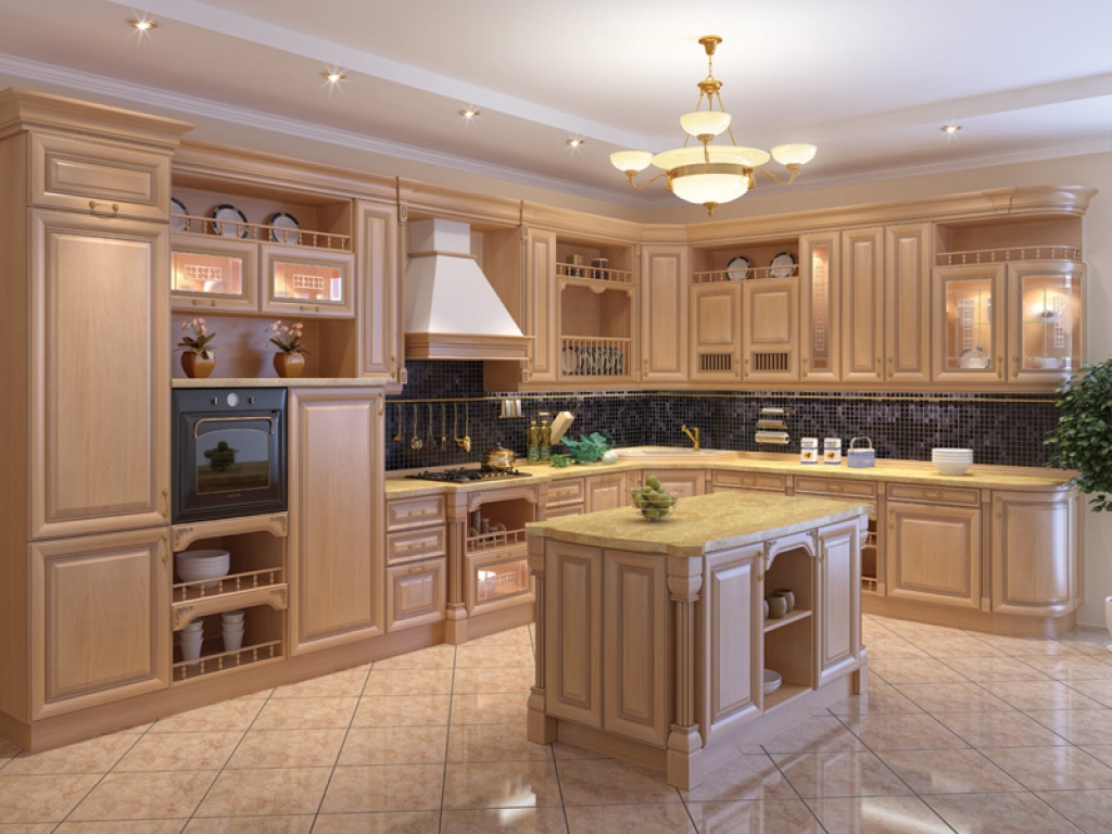 gražus smėlio spalvos aukštųjų technologijų virtuvės interjeras