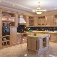 gražus smėlio spalvos virtuvės interjeras šalies stiliaus nuotraukoje
