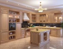 gražus smėlio spalvos virtuvės interjeras šalies stiliaus nuotraukoje