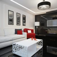 neobvyklý styl obývacího pokoje v černé a bílé fotografii