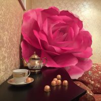 rozā papīra ziedi zāles interjerā