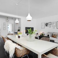 baltos sienos skandinaviško stiliaus gyvenamojo kambario interjero nuotraukoje