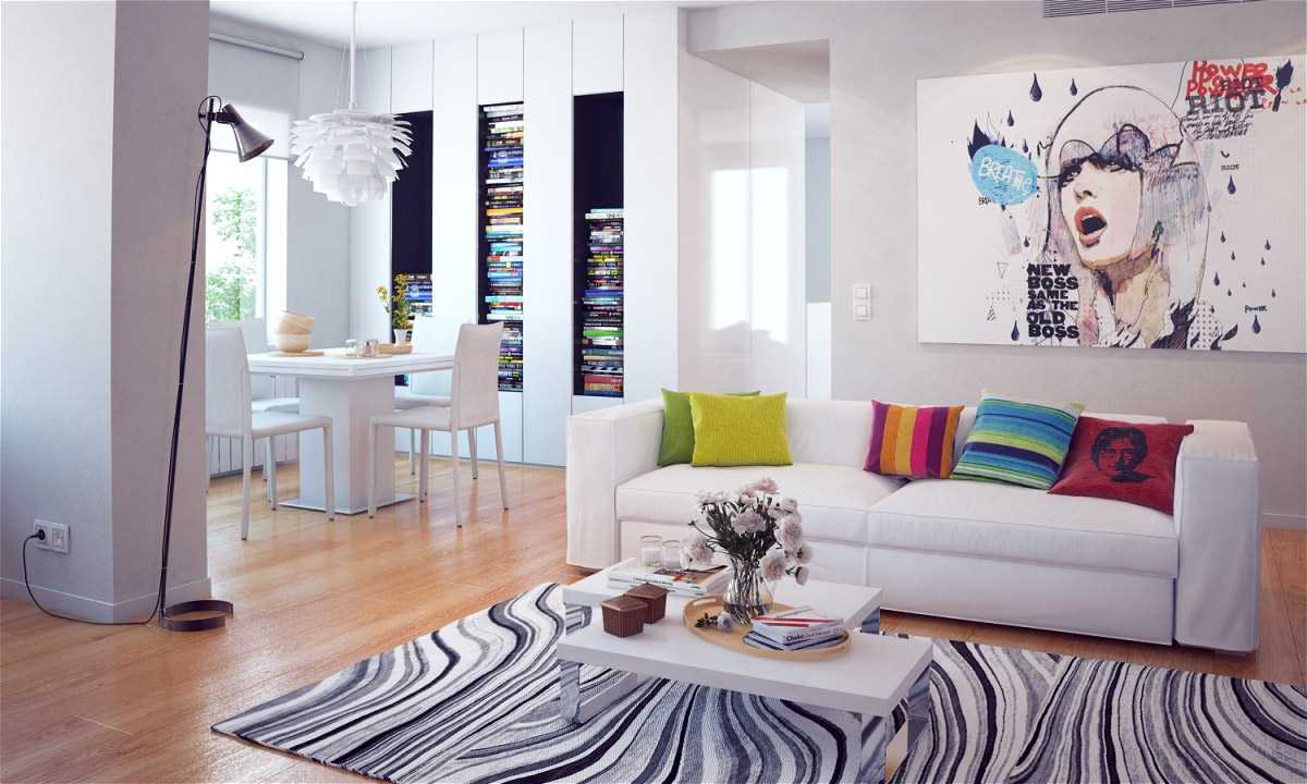 pereți albi în designul camerei de zi în stilul minimalismului