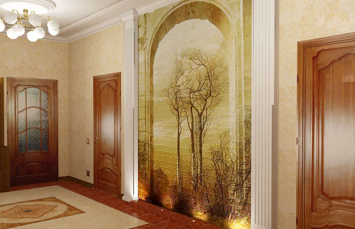 lukisan dinding di pedalaman lorong dengan lukisan alam semula jadi