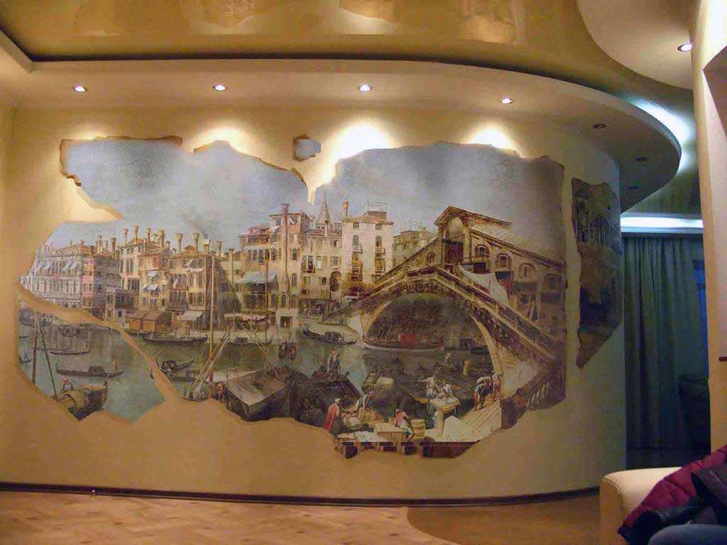 picturi murale în interiorul dormitorului cu un desen al unui peisaj