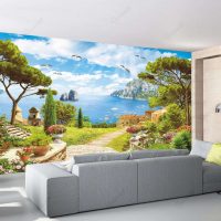 sienas gleznojumi virtuves interjerā ar ainavas attēla fotoattēlu