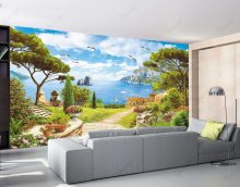 sienas gleznojumi virtuves interjerā ar ainavas attēla fotoattēlu