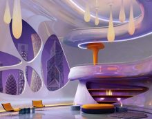 futurism în interiorul apartamentului în culoare deschisă