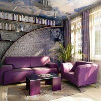 neparasts dzīvojamās istabas dizains purpursarkanā krāsā