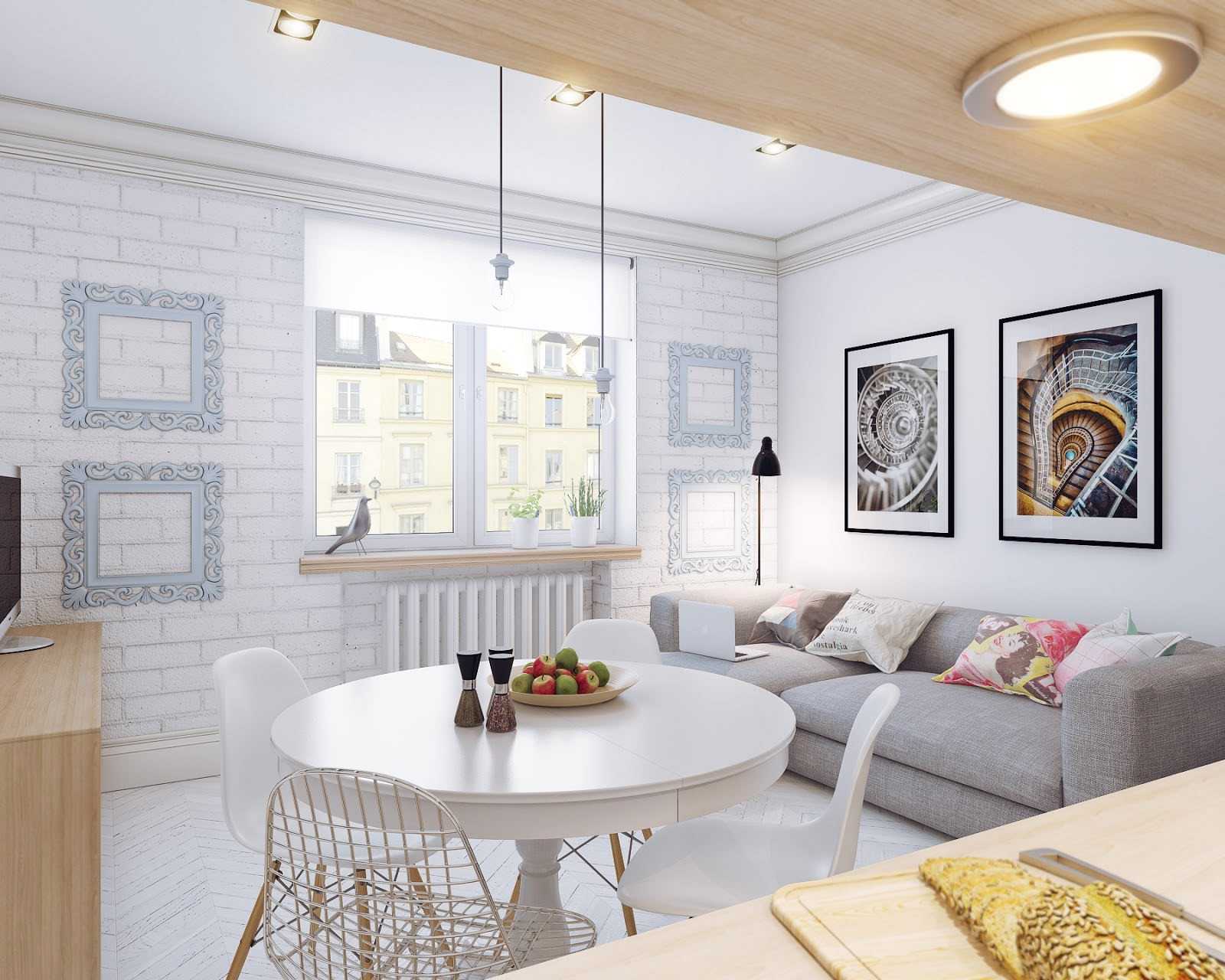 išgalvotas švediško stiliaus gyvenamasis kambarys
