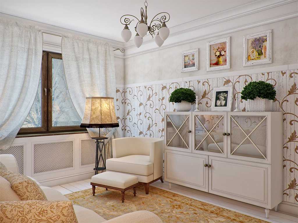 gaišs viesistabas dekors provences stilā