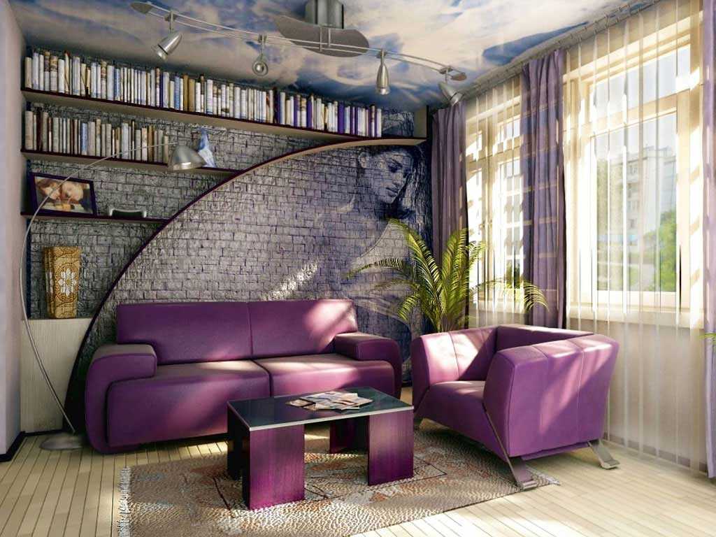 šviesus svetainės dekoravimas purpurine spalva