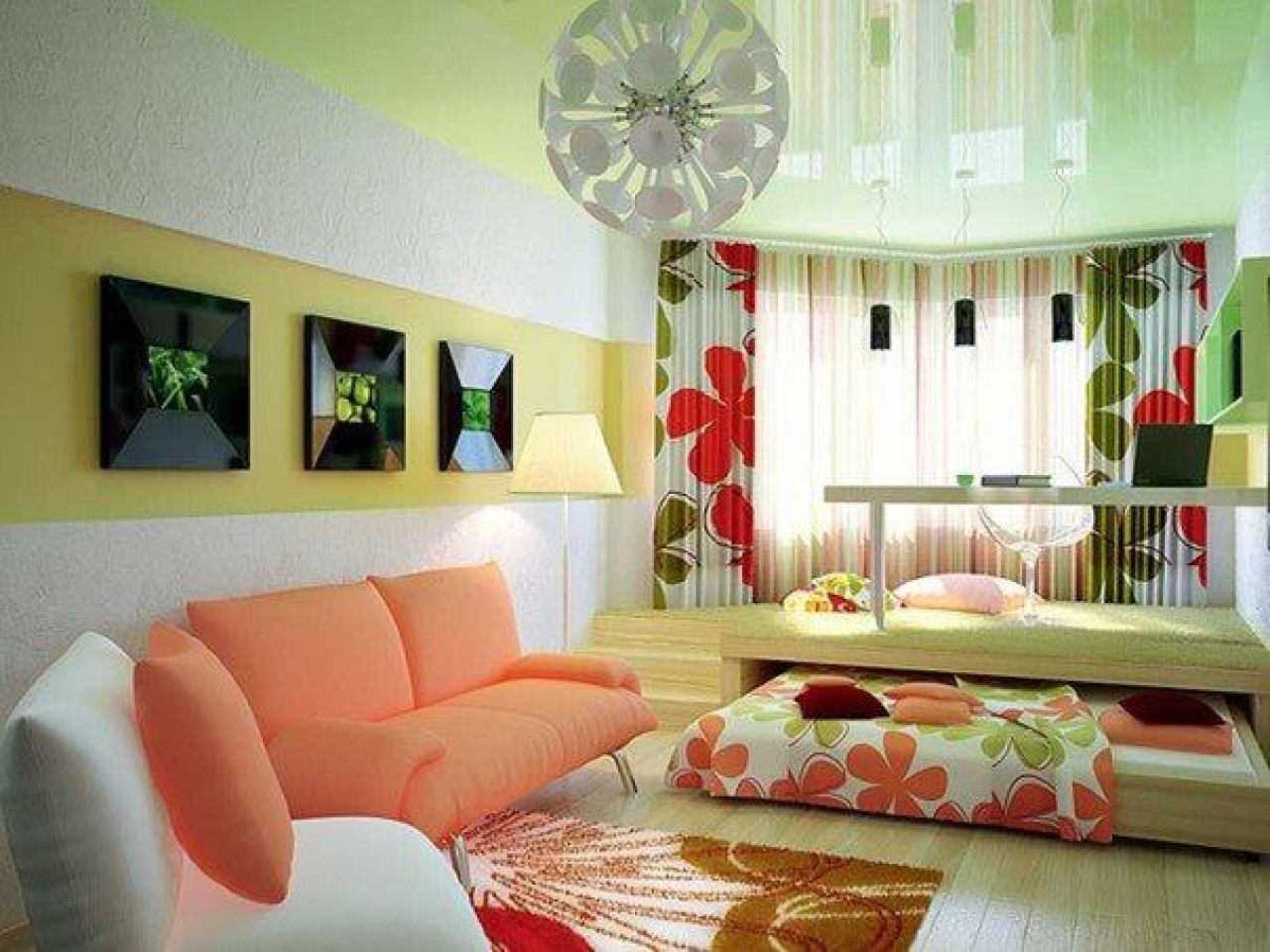 a hálószoba és a nappali világos dekorációja egy szobában